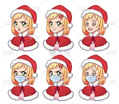 动漫表情。可爱的金发女孩穿着圣诞服装和医用面具。手绘矢量插图孤立在白色