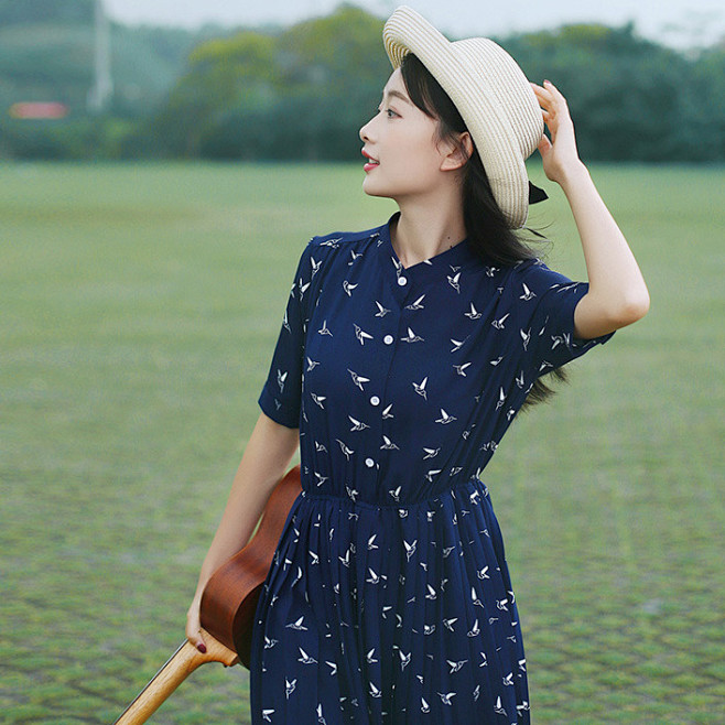 短袖碎花百褶裙小清新文艺复古民族风连衣裙显瘦韩版女装中长款夏女装