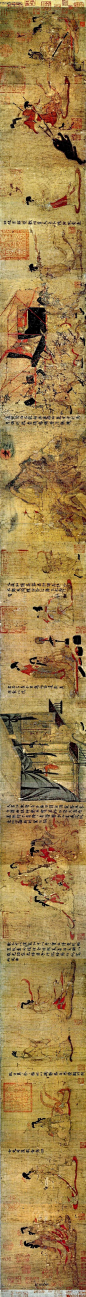 #六朝四大家#【 东晋 顾恺之 《女史箴图》 】卷，绢本设色，24.8×348.2cm，大英博物馆藏。 唐代摹本，原为清宫藏画，在英法联军火烧圆明园时被抢劫到英国。此图依据西晋张华《女史箴》一文而作，主旨宣扬封建社会妇女的道德和节操，以为后人教诫。原为11段，因年代久远，现存9段，每段均有小楷书箴文。