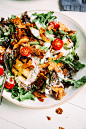 Vegan BLT salad with crispy coconut "bacon," tangy lemon pepper dressing, grilled peaches, and avocado - The First Mess