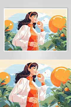 AI数字扁平风水果女孩人像插画