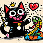 コブラと戯れる黒猫