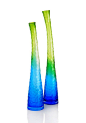 现代家居饰品摆件 蓝绿色蜂窝抛光时尚玻璃长花瓶两件套