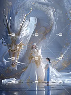 青花瓷龙前站着一位中国小美女，锡箔金，身穿华丽汉服，锡箔金白