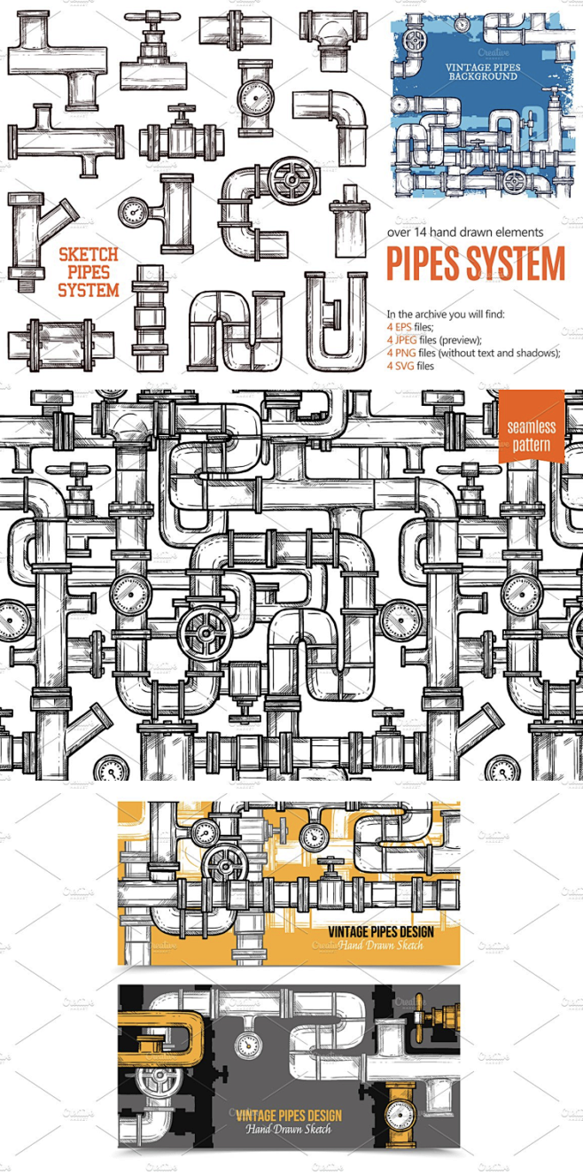手绘矢量素描风格的管道系统的集合  