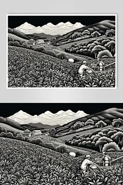 AI数字艺术复古铜版画茶园茶叶插画-众图网