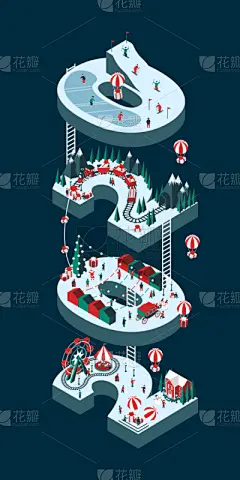 2020,新年前夕,请柬,贺卡,雪,模板,热气球,马轿,松树,等角投影