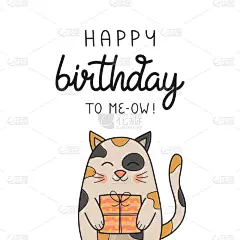 生日,猫,可爱的,贺卡,背景分离,动物,猫的叫声,动物头,节日,绘画插图