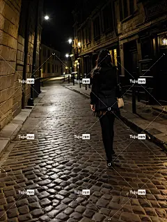 Ai产生的 街道 女士 路面 路灯 胡同 城市 夜晚 晚上