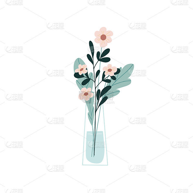 在玻璃花瓶中插花。一束精致的鲜花。卡通平面矢量插图孤立在白色背景