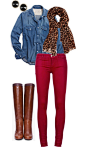 Red skinnies, chambray, boots.