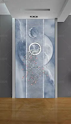 原创新中式手绘蓝月亮玄关背景墙