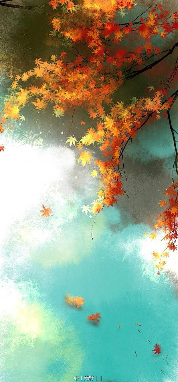 我画蓝江水悠悠爱晚亭上枫叶愁古风水彩插画