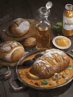 面包美食插画 【酷图网】调料,蜂蜜,果酱,面包,面点,美食,玻璃瓶,酒水,瓶型包装,背景,元素,酒,插画