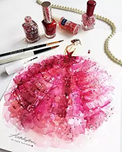 新加坡插画艺术家_chan clayrene用指甲油和指甲亮片画的礼服