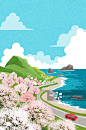 在樱花盛开的沿海道路上的汽车插图图片素材