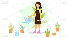 抽象平面女人与浇水罐卡通人物人物概念插画矢量设计风格创意花园花卉农业园丁和园艺工作植物