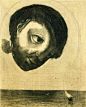 漂浮的怪头和巨眼，是画家早年常常描绘的意象。Redon对比较解剖学怀有强烈的兴趣，他把人体五官嫁接到各种生物体里，既惊骇又带有几分可爱。Redon用炭笔画和石版画创作，他把这些单色作品，称作他的“noirs”（法语：黑色）。