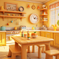 Unmanned, Warm yellow interior,Ranch Wood Style， Matte texture，Joyful and warm indoor kitchen scene, Static state,refrigerator, Round windows, Cartoon Clock, Soft and cuddly cookware, Cartoon microwave oven, 3d modeling, a mix of realistic and fantasy ele