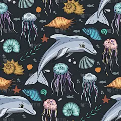 海洋,四方连续纹样,纺织品,野生动物,海豚,哺乳纲,船,动物,礁石,绘制