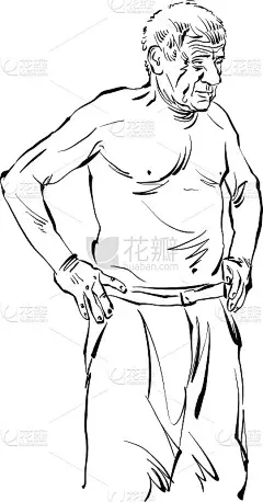 老人手绘插图，黑色图画。