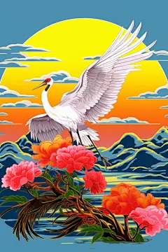 国风浮世绘风烫金古风国潮丹顶鹤插画