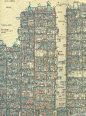 『九龙寨城平面图』九龙寨城是香港殖民地时代位于今九龙城区的一座围城，是在原有建筑上不断扩建的产物，曾经是中港英三不管的地方，于1993年被拆卸。一群有心的日本研究人员将该城的平面图和各种数据记录了下来，做成图纸。