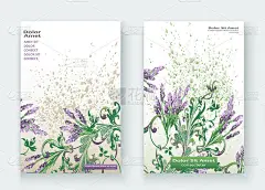 薰衣草花图案封面设计。手绘巴洛克花。高雅新潮的背景开花绿叶枝。图形插图婚礼，请柬，海报，卡片，封面，