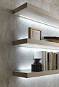 PRESOTTO | Matt beige argilla lacquered, 50mm thick, I-modulART shelves with led lighting above and below.__ Mensole Sp.50 I-modulART laccato opaco beige argilla con illuminazione a led inferiore e superiore.