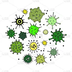 病毒和细菌涂鸦套装。简单的绿色图标孤立在白色上。微生物载体细菌细胞分离。手绘卡通插画集