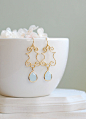 Light Blue Glass Gold Ornate Filigree Dangle Earrings Drop Earrings Opalite Blue Sky Blue Alice Blue Teardrop Bridesmaid Gift