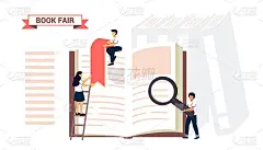 书展或图书节学生男女阅读，学习和坐在大的书书架书架文学活动概念图书馆书店商店广告世界读书日