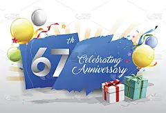 67周年的庆祝活动，彩色的纸屑和气球在蓝色的背景和闪亮的元素。为你的生日派对设计模板。