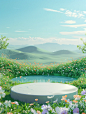 3d cartoon style. A simple circular stage is placed on a grassland with water and flowers. Blue sky background. There are rolling hills in the distance. Vibrant green, fresh spring breath. The Chinese grassland. Center composition. Cartoon style, surreali