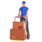 Deliveryman Holding Trolley Loaded With Cardboard Boxes 3D Illustration