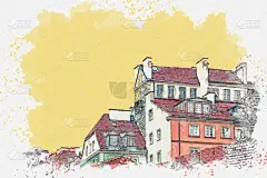 绘画插图,欧洲,房屋,传统,贺卡,波兰,复古风格,现代,著名景点,涂料