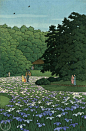Japanese Art Print "Iris Field at Meiji Shrine" by Kawase Hasui, woodblock print reproduction, Asian art, landscape, garden, flowers : *(ᴴʜ)S͟t͟o͟r͟e͟ ͟w͟a͟t͟e͟r͟m͟a͟r͟k͟ ͟l͟o͟g͟o͟s͟ ͟a͟r͟e͟ ͟n͟o͟t͟ ͟o͟n͟ ͟o͟r͟d͟e͟r͟e͟d͟ ͟p͟r͟i͟n͟t͟s. Print size