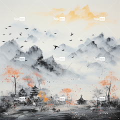 水墨构思山脉日落时飞来的鸟宣纸纹理海报
