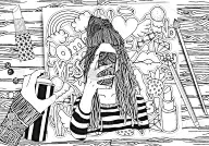 Yong girl taking picture on smartphone. Coloring b