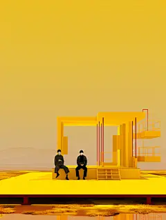 中国人坐在站台上，中国水墨风格，极简主义舞台设计，浅黄色，超