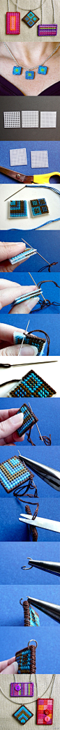 #How to Make a Needlepoint Pendant# by Diane。如何做一个绒绣吊坠，这篇采用了简单的绒线绣技法，只是把常用的网眼麻布换成了塑料网格（又见网格君~用它比绣好了图案缝底子要来得硬挺。不过这个反而更像十字绣了，单块包个边，两块装订起来~如今这季节，大大小小用毛线绣一丛，效果肯定棒棒哒~