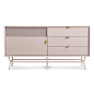 Dang 1 Door / 3 Drawer Console : Perforated steel door front allows use of remotes without spoiling the view.  Brass details and powder-coated steel base.
