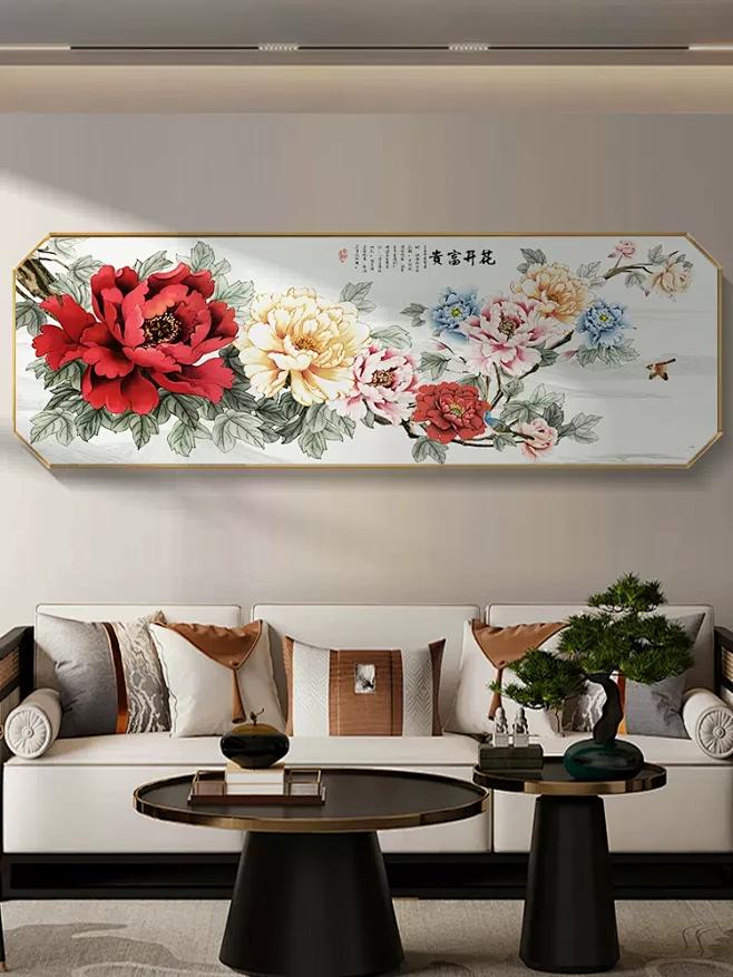 新中式花开富贵客厅沙发背景墙装饰画牡丹图卧室挂画横幅八角壁画-tmall.com天猫-花瓣网
