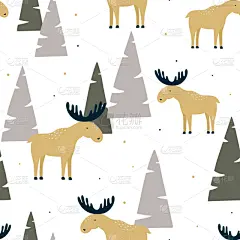 驼鹿,四方连续纹样,动物手,幽默,可爱的,华丽的,纺织品,雪,壁纸,绘制