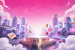 jimeng-2025-05-16-82-我需要一个618抢先购活动的首页海报，元素偏赛博朋克，整体偏金色和玫瑰色，背景是立体建筑夹带些立体云层，带着活动优惠劵和活动礼品，中间放一个展示产品的平台