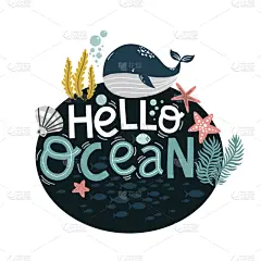 卡通,可爱的,矢量,海洋,文字,绘画插图,软体动物,蓝鲸,你好,热带气候
