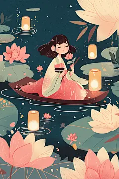 数字艺术中元节七月半放河灯古风人物插画