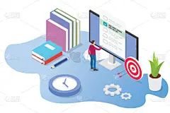 等轴测 3d 在线考试或课程概念与书籍和计算机考试的时间图标 - 矢量