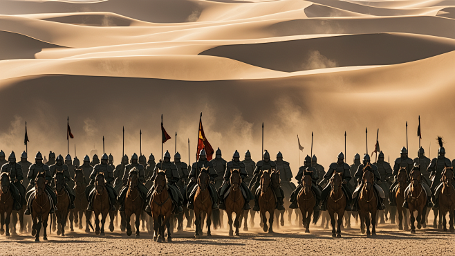 中国古代骑兵行军时候的场景，真人实拍，远景，背景是沙漠 (1)