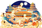 Mid-Autumn Festival packing illustration白鹿追月中秋包装插画 : 【白鹿追月】主题: 中秋系列立体包装插画元素：白鹿、故宫、万里长城、天坛、颐和园，十七孔桥等风格：传统中国风插画: @简爱手绘——————————————本插画作品版权归属客户所有，请勿擅自使用。